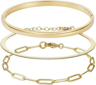 Adornia Adornia 18K Plated Stainless Steel Cuff, Paperclip, & Herringbone Chain Bracelet Set