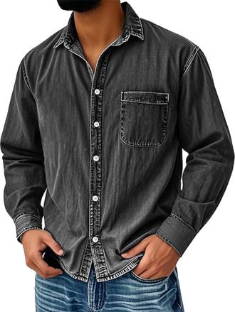 Generic Mens Vintage Washed Denim Shirt Classic Long Sleeve Button Down Shirt Retro Workwear Style with Breast Pockets Casual Slim Fit Denim Top Modern Design