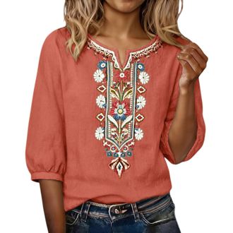 Generic Womens Blouses & Shirts Boho Tops for Women UK Cotton Linen Half Sleeve Embroidery Blouse Elegant Casual Summer Breathable T Shirts Lightweight Fashio