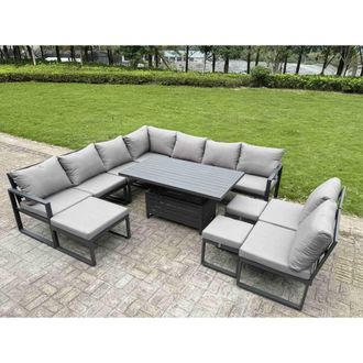 Fimous ALuminum 11 Piece Patio Set with Lifting Table, Cushions & 3 Footstool in Dark Grey