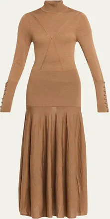 Paco Rabanne Turtleneck Wool-Silk Knit Drop-Waist Maxi Dress