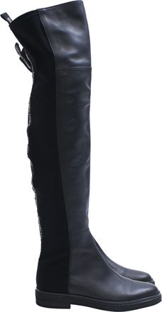 Sergio Rossi Logo Strip Knee-High Boots in Black Leather