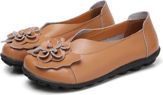 Generic Womens Casual Leather Loafer Flat Casual Moccasins Slip On Flowers Boat Driving Shoes,Light Brown,4 UK