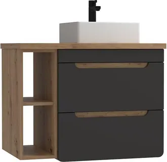 Vente-Unique Mueble de ba&ntilde;o suspendido con lavabo y estantes - Color natural y antracita - 80 cm - ARUBA