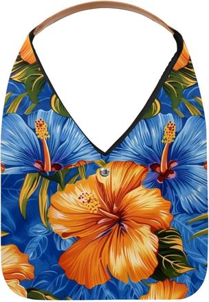 Generic Hawaiian Hibiscus Floral Blue (2) Reusable Lightweight Grocery Bags - Foldable Into Compact Pouch, Washable & Sturdy, Multipurpose for Shopping and Tr