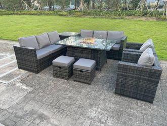 Fimous 10 Seater Outdoor Lounge Rattan Sofa Set Garden Furniture Gas Firepit Set Dining Table With Chair Coffee Table in Dark Grey