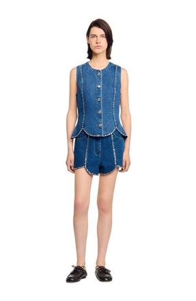 Sandro Rhinestone denim top in Blue Jean at Nordstrom, Size X-Small