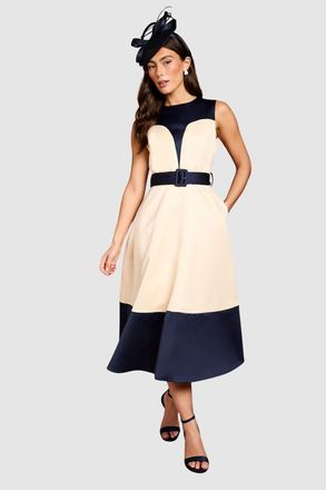 Coast Colour Block Crepe Belted Midi Dress in Mono at Nordstrom, Size 6