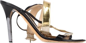 Jimmy Choo London Pre-owned Womens T-Strap Heel Sandals in Black and Gold Leather - Size 37.5 EU/IT