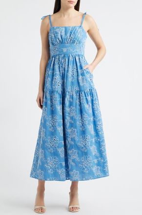 Julia Jordan Cotton Blend Eyelet Midi Sundress in Blue Multi at Nordstrom, Size 10