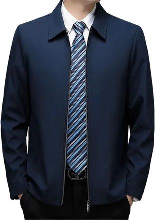 Generic Men Four Seasons Turn-Down Collar Solid Color Jacket Casual Zipper Business Outwear Jacket Navy Men Coats L 60-67.5 KG