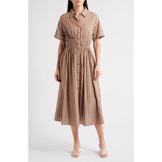 En Saison Stripe Cotton Midi Shirtdress in Brown Tonal Stripe at Nordstrom Rack, Size Large