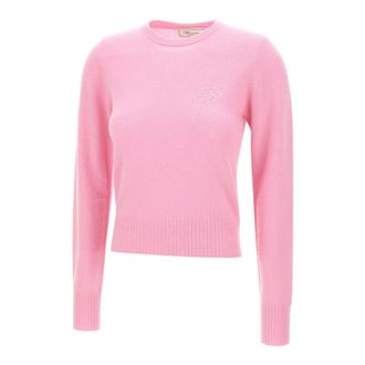 Blumarine Cashmere Knitwear, female, Pink, Size: XS Embroidered Ribbed Cashmere Sweater