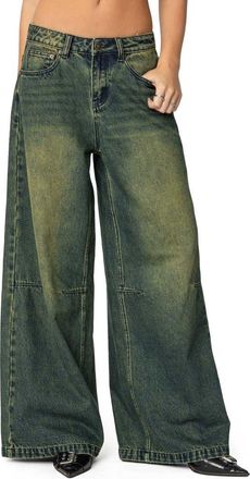 Edikted Shawn Tinted Low Rise Wide Leg Jeans in Blue-Washed at Nordstrom, Size X-Small