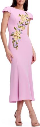 Dress The Population Sheryl Floral Appliqu&eacute; Midi Cocktail Dress in Lavender Multi at Nordstrom, Size Xx-Large