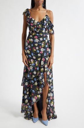 Carolina Herrera Floral Print Ruffle Asymmetric Silk Gown in Midnight Multi at Nordstrom, Size 10