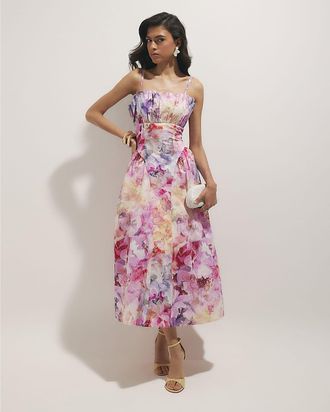 River Island Womens Midi Dress Pink Cotton Floral Print Netted Skirt - Size 8 UK