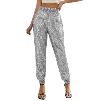 Generic Sequin Pants for Women Uk Sparkly Elastic High Waist Trousers Glitter Shiny Bottom Party Club Disco Slim Fit Stretchy Casual Jogger Bling Bell Bottoms