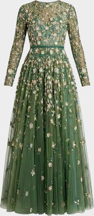 Mac Duggal Petite Long-Sleeve Tulle Fit-and-Flare Gown