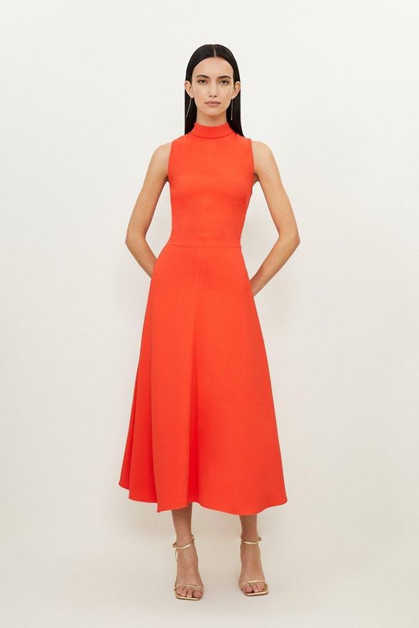 Karen Millen Petite Compact Stretch Viscose Tailored High Neck Tie Detail Midi  Dress from £219.00