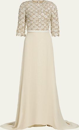Oscar De La Renta Pearly Embroidered 3/4-Sleeve A-Line Gown