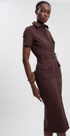 Karen Millen Womens Pocket Detail Ponte Jersey Short Sleeve Midi Dress - Chocolate viscose - Size X-Small