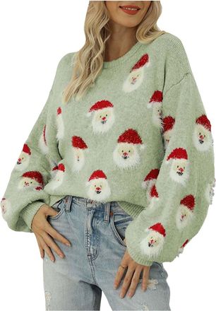 Generic Christmas Knit Sweater for Women UK Long Sleeve Crewneck Pullover Loose Warm Tops Ladies Santa Print Christmas Knitwear Sweatshirts for Girls and Wome