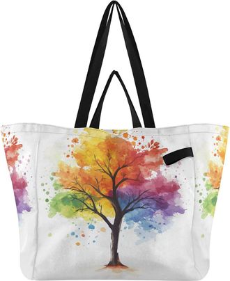 Generic Watercolor Tree Splatter White pattern Reusable Canvas Tote Bag, Heavy Duty Grocery Shopping Bag with Hard Bottom Double Handles Large Capacity Work G
