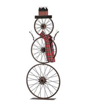 Glitzhome Metal Bike Wheel Snowman With Plaid Scarf Porch Decor
