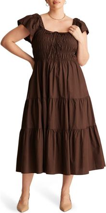 Estelle Alana Smocked Fit & Flare Cotton Tiered Midi Dress in Truffle at Nordstrom, Size 18W