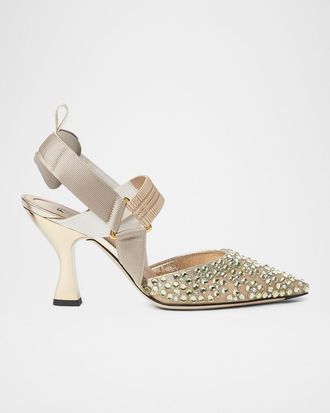 Fendi 85mm Colibri Embellished Mesh Slingback Pumps
