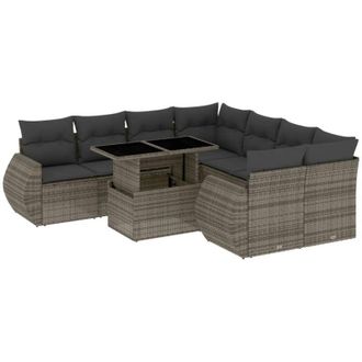 vidaXL Set De Muebles De Jard&iacute;n 9 Pzas Y Cojines Rat&aacute;n Sint&eacute;tico Gris Vidaxl