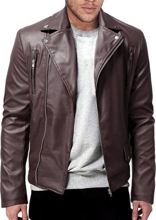 Generic Leather Jackets for Men Motorcycle Bomber Jacket Lapel Asymmetric Zip-Up Biker Coat Casual Slim Fit Windproof Warm Coats Vintage Windbreaker Faux Leat