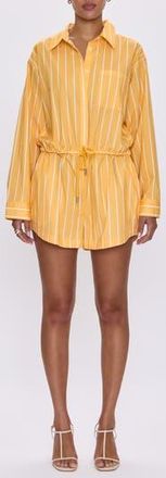 Pistola Denim Amelie Stripe Stretch Cotton Poplin Romper in Papaya Stripe at Nordstrom Rack, Size Large