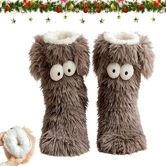 Generic Muffle Friends Cozy Socks, Winter Thick Warm Fluffy Soft Fuzzy Non-slip Slipper Socks with Cute Big Eyes Home Socks (Dark coffee)