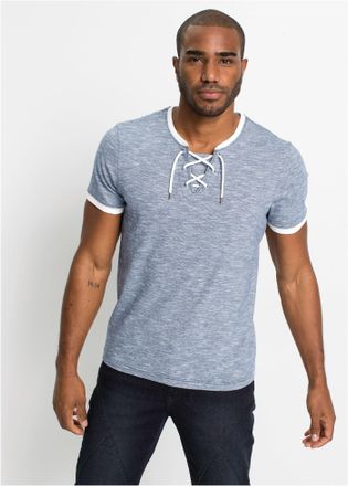 Bonprix T-Shirt BONPRIX T-Shirt mit Schn&uuml;rung aus Baumwolle, Herren, Gr. 60/62 (XXL), blau (dunkelblau, wollwei&szlig; meliert), Obermaterial: 100% Baumwolle, regul