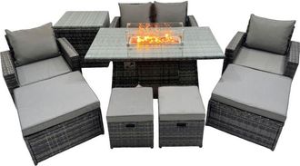 Fimous Outdoor Love Sofa Set 8 Seat Rattan Garden Furniture Set with Gas Firpit Dining Table 4 Footstools Side Table Dark Grey Mixed - Fimous