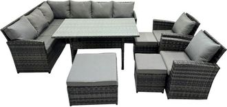 Fimous 11 Seat Poly Rattan Outdoor Patio Dining Table Corner Sofa Set with 3 Stool 2 Chairs for Garden Backyard Dark Grey Mixed - Fimous