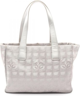 Chanel Gray Silver Leather Nylon Canvas Handbag Tote Bag (Pre-Owned)