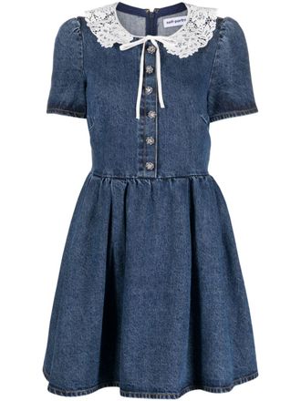 Self Portrait lace-trim denim minidress - women - Polyester/Cotton/Cotton - 10 - Blue