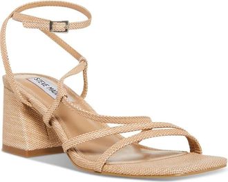 Steve Madden Alyce Sandals Womens Beige Raffia Ankle Strap Block Heel LION445