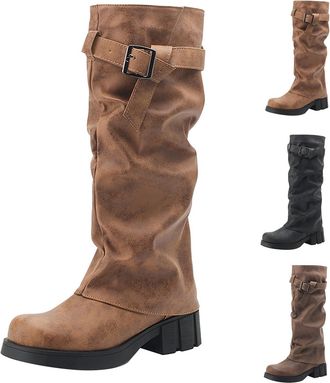 Generic Womens Knee High Buckle Boots Knight Boots Women Western Cowgirl Boot Chunky Low Heel Boot Non Slip Sole Riding Booties Classic Retro Bootie Pull On R