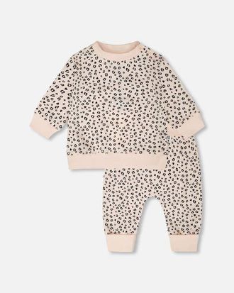 Deux par Deux Organic Cotton Jersey Peach Printed Sweater and Pants Set in Peach Animal Print at Nordstrom, Size 24M