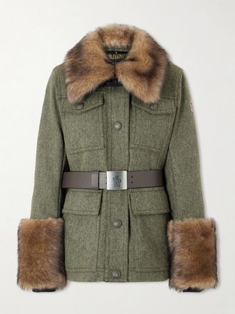 Moncler Giacca Da Sci In Gabardine Di Lana Con Finiture In Shearling Devez - Verde