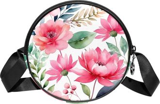 Generic Circle Crossbody Bag for Women, Floral Leaves Small Sling Bag Daypack with Zipper Adjustable Shoulder Straps Casual Ladies Girls Round Purse