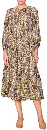 Melloday Floral Print Shirred Long Sleeve Midi Dress in Green Multi at Nordstrom Rack, Size X-Small