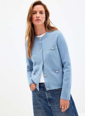 Contemporaine Womens Gold crest buttons patch pockets Cardigan Sweater