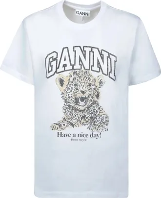 Ganni Basic Jersey Luipaard Relaxed T-shirt - Dames - T-shirts - Wit - L - Katoen - Tops