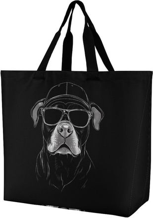 Generic Dog with Glasses Hat Large Reusable Shopping Bag Lightweight Foldable Tote Bags Washable Shoulder Handbag