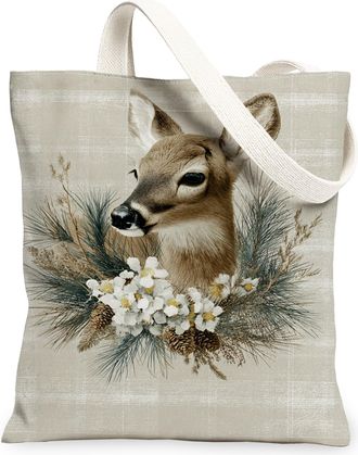 Generic Rustic Deer Floral Canvas Tote Bags, Nature Inspired Lightweight Washable Shoulder Strap Reusable Grocery Bags for Winter O, Beige, 13x15 Inch